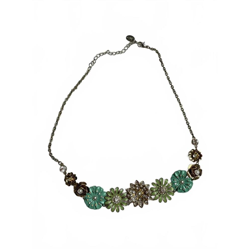 Claire’s Flower Necklace Gold Toned Aqua Green Faux Pearls Boho Spring Flowers